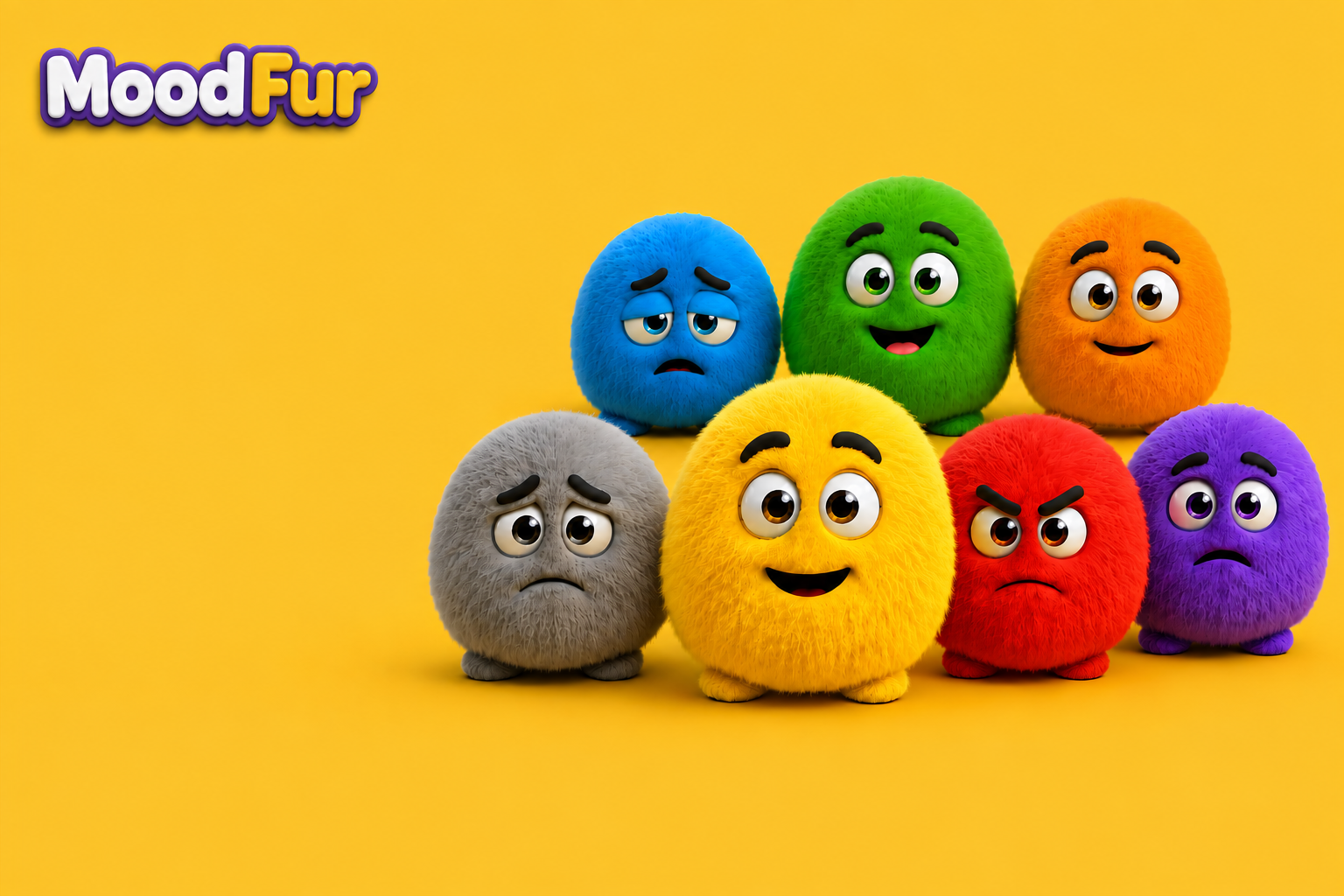 The MoodFur family of fuzzy characters on a warm yellow background