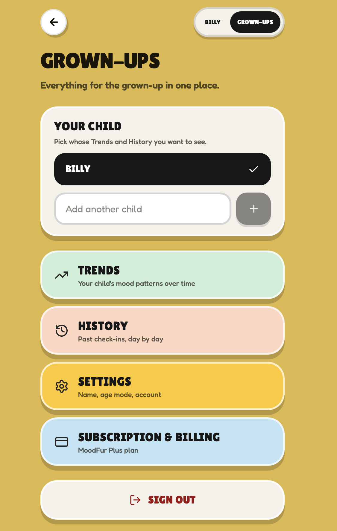 The MoodFur Grown-Ups screen with child selection, Trends, History, Settings, Subscription & Billing, and Sign Out
